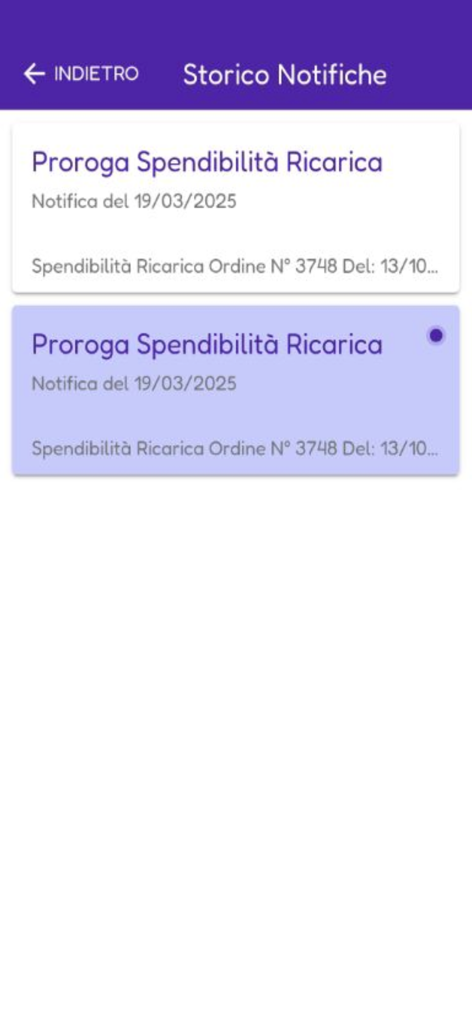 EP Welfare - Schermata dello storico delle notifiche di EP Welfare che mostra gli avvisi di ricarica dei buoni pasto