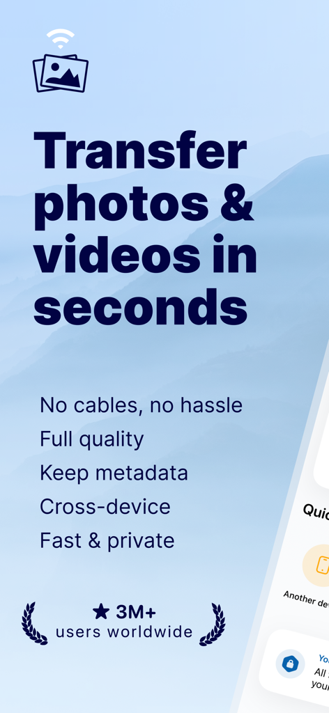 Photo Transfer: Send via WiFi - Screenshot dell'app Photo Transfer che evidenzia il trasferimento wireless di foto e video in piena qualità