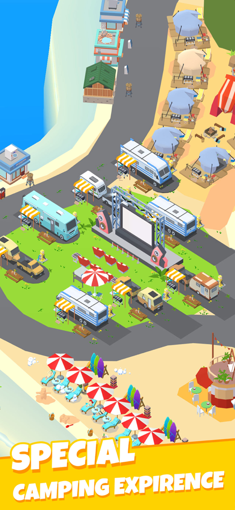 Camping Tycoon-Idle RV life - Uma visão 3D de alto ângulo de um acampamento de RV movimentado e resort de praia com um cinema ao ar livre e guarda-sóis coloridos.