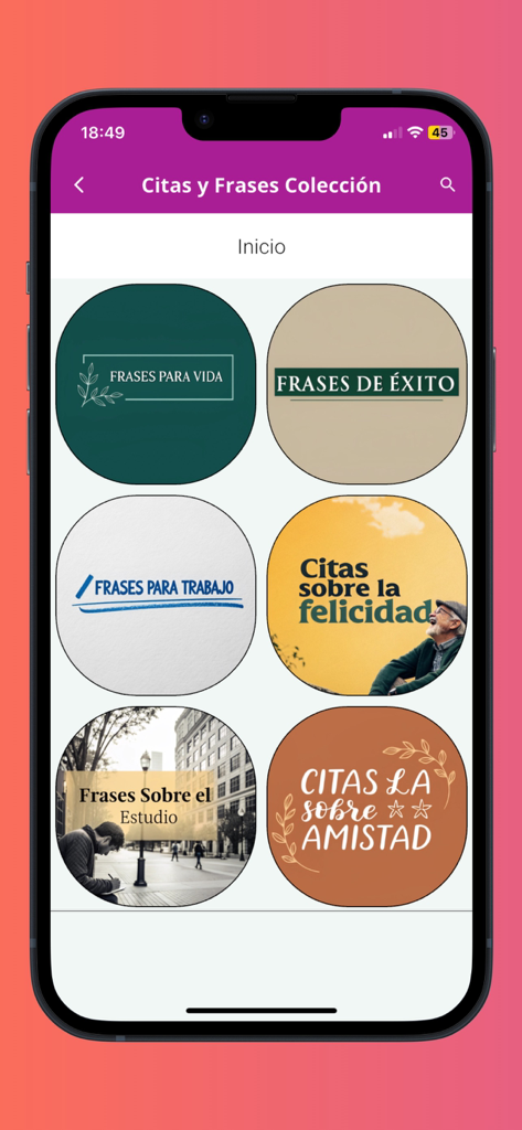 buenos días y buenas noches. - Pantalla de app móvil mostrando una colección de categorías de citas en español que incluyen vida, éxito, trabajo y amistad