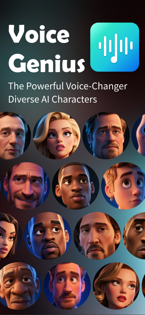 Voice Genius - AI Parody - Voice Genius mobile app interface displaying a grid of diverse AI character voices
