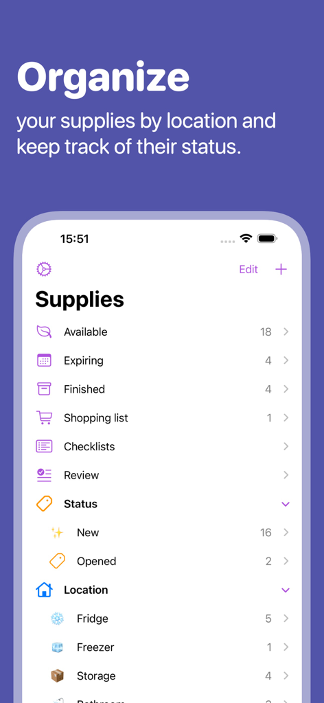 Supplies - home inventory app - Supplies app interface showing household items organized by location and status