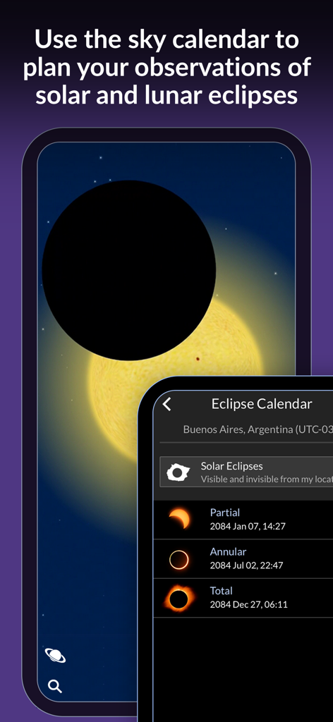 The Sky Pro by Redshift - The Sky Pro app interface showing the eclipse calendar feature for planning solar and lunar observations