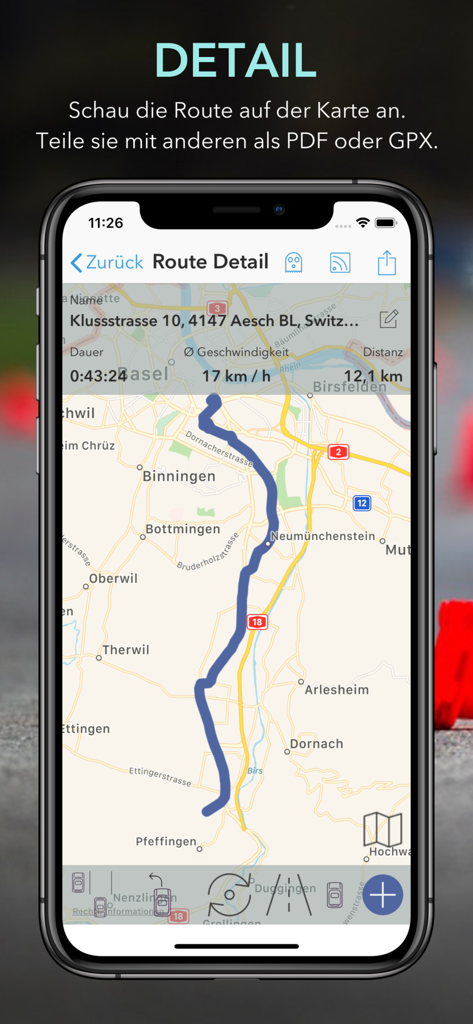 iTheory DriveTrack app screen showing a tracked driving route map with statistics like speed and distance