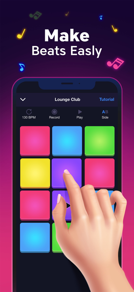 Groove Masters - DJ Drum Pad - A hand tapping colorful pads on the Groove Masters mobile app to make beats easily.