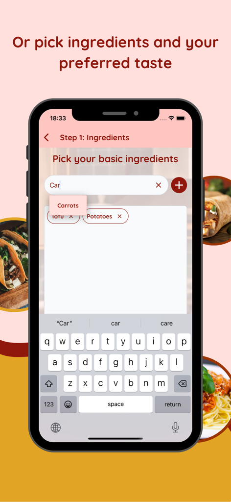 CookAI: AI Recipe Generator - Mobile interface of CookAI showing the step to pick basic ingredients like carrots tofu and potatoes for recipe generation