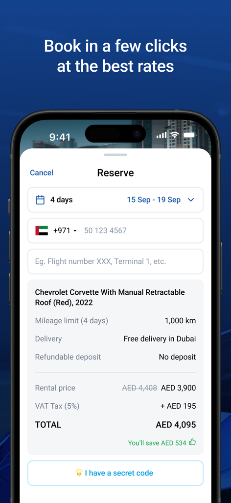 A smartphone screen displaying a car rental reservation for a Chevrolet Corvette in Dubai on the Renty app.