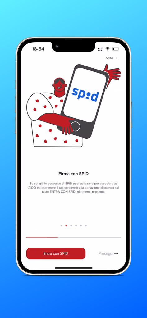 AIDO - Registration screen of the digitalAIDO app for organ donation consent using SPID digital identity