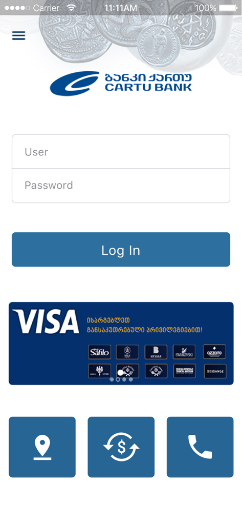 Cartu Bank Mobile - Login screen for Cartu Bank Mobile app featuring username and password fields plus shortcut icons for branch locations and currency exchange