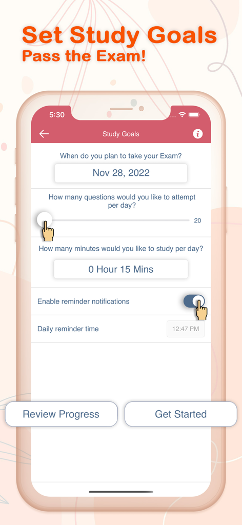 Saunders NCLEX-RN app interface for setting exam dates and daily study goals