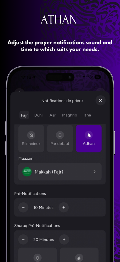 Interface for customizing prayer notification sounds and pre-notification alerts in the MAWAQIT app