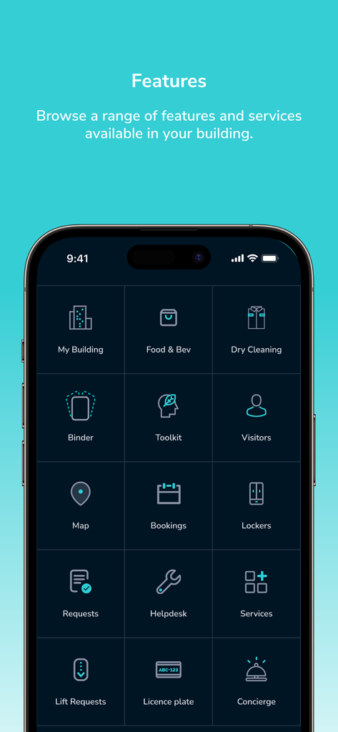 Insite by Investa - Menú de la aplicación Insite by Investa que muestra servicios del lugar de trabajo y opciones de conserjería