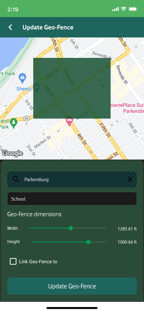 Tracki GPS app interface for setting up a geo-fence boundary on a map