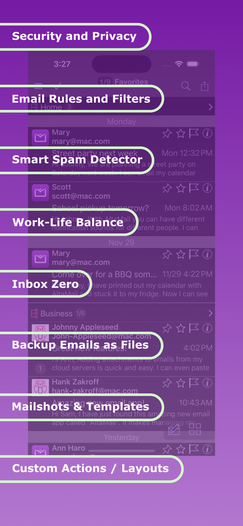 List of AltaMail features for high efficiency email management including rules and filters