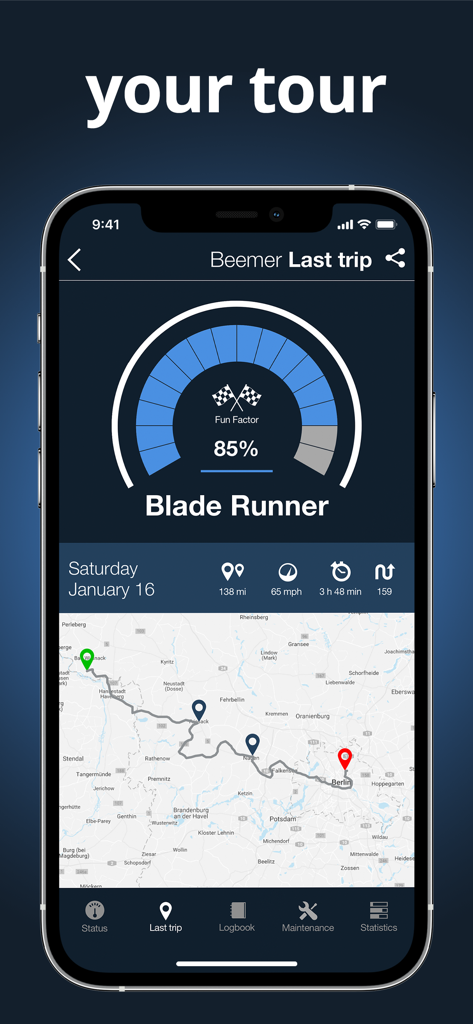 mo.ride - The motorcycle app. - A motorcycle trip summary screen in the mo.ride app showing a fun factor gauge and GPS route map