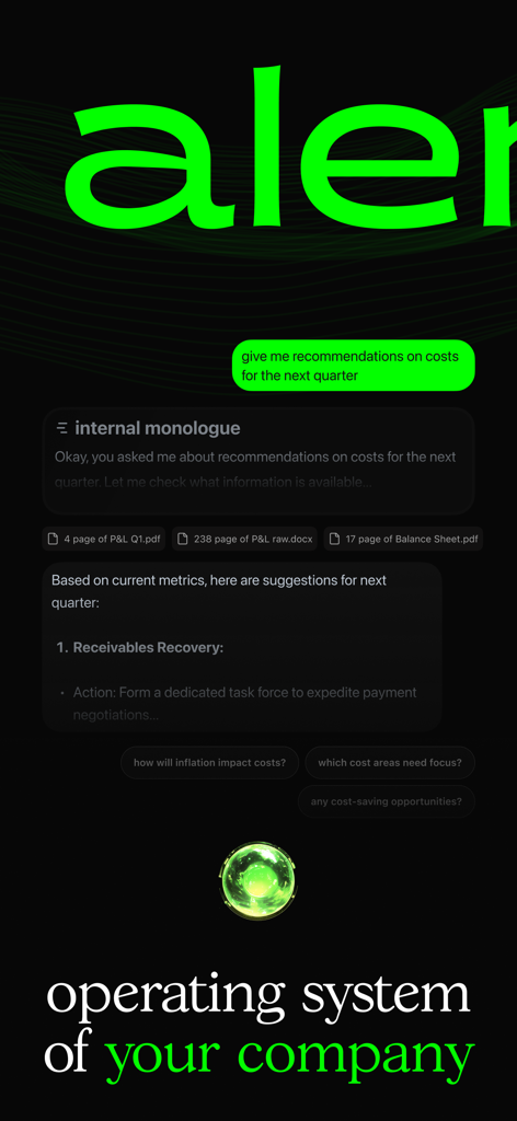 aleria ai - Aleria AI-Dashboard, das automatisierte Kostenvorschläge und Finanzdatenanalysen für Geschäftsabläufe anzeigt