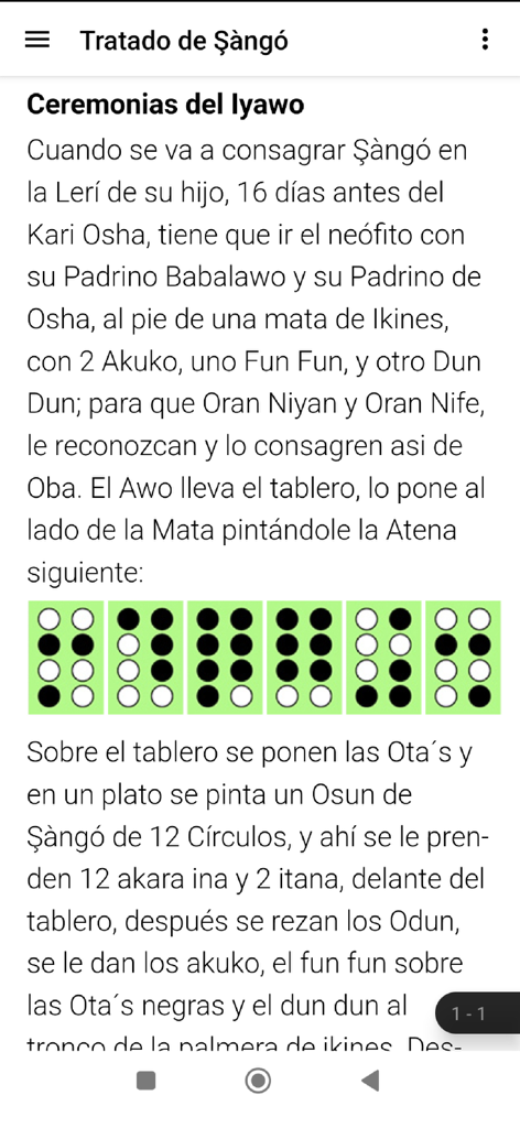 Tela do aplicativo móvel mostrando o Tratado de Shango com cerimônias religiosas e símbolos de adivinhação