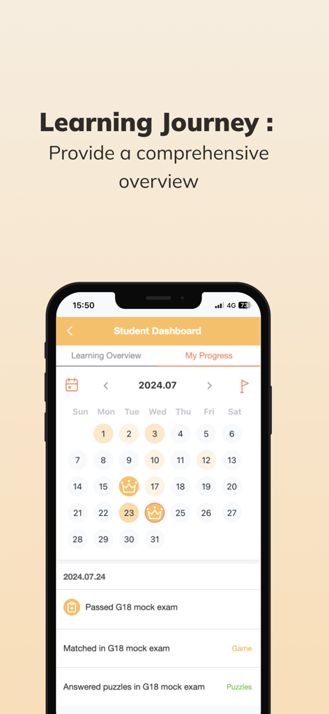 HJJ GO - One-stop Learning App - A student dashboard in the HJJ GO app displaying a calendar view for tracking Go learning progress and mock exam achievements