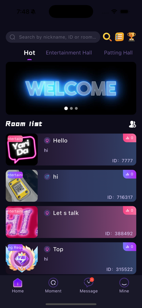 Yari Da - L'écran d'accueil de l'application Yari Da montrant une liste de salons de discussion vocale disponibles et une bannière de bienvenue néon