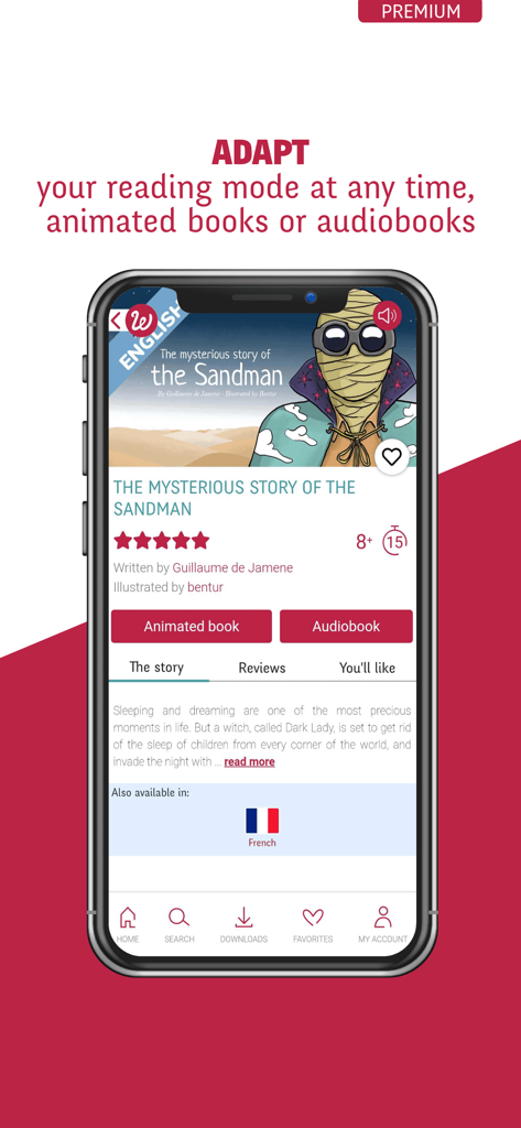 A mobile interface for Whisperies showing options for animated books and audiobooks for children