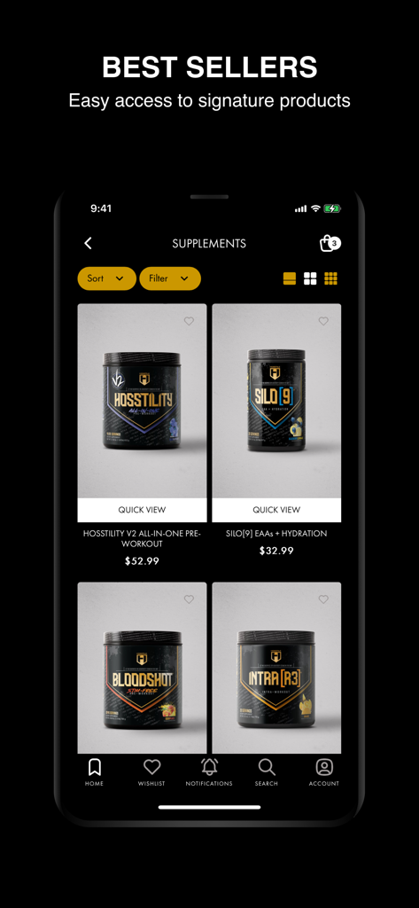 HOSSTILE mobile app supplements category screen showing best selling products like Hosstility and Bloodshot pre-workouts.