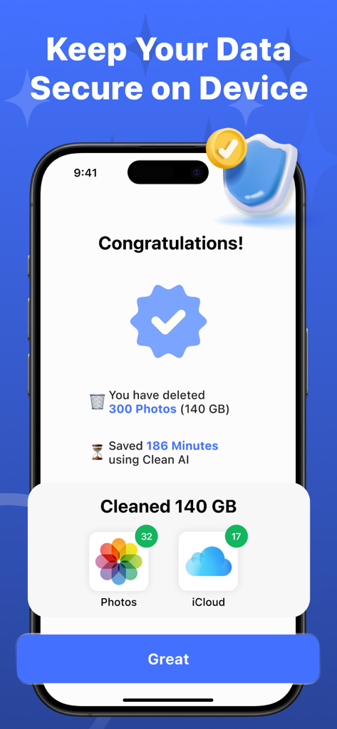 Clean AI・Phone Storage Cleaner - Clean AI app confirmation screen showing storage space saved