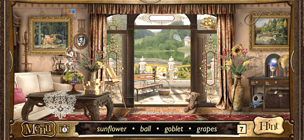 Hidden Objects Sherlock Holmes - A realistic hidden object game scene featuring an antique room with a balcony view of a lake.