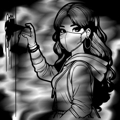 realistic girl with mask spray painting a wall