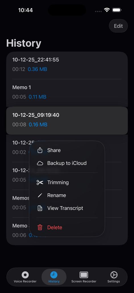 Voice recorder app history screen showing a recording options menu with tools for transcription, trimming, and iCloud backup.