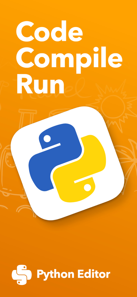 Python Editor app welcome screen featuring the text Code Compile Run and the Python logo on an orange background