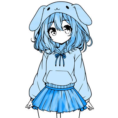pretty anime girl wearing a fluffy hoodie with bunny ears on the hood and a skirt