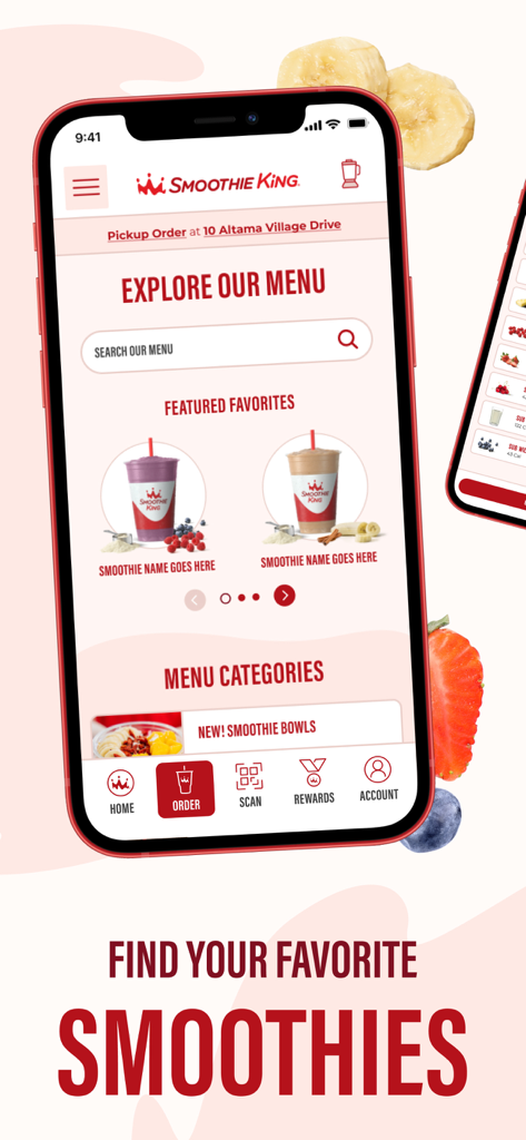 Smoothie King - Smoothie King app interface showing the menu and featured smoothies on a smartphone screen.