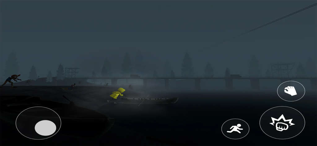 The Escape Inside: Story Game - Un personaje con un impermeable amarillo explora un banco de río oscuro y brumoso cerca de un bote en una escena de juego de terror