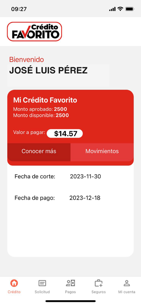 Crédito Favorito - Personal credit dashboard in the Crédito Favorito mobile app showing approved amount and payment details