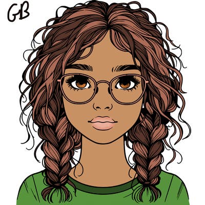 realistic girl with glasses and frizzy hair in braids