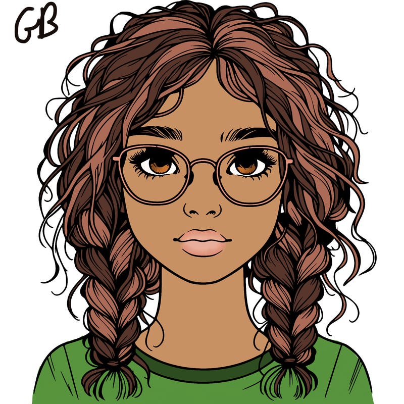 realistic girl with glasses and frizzy hair in braids