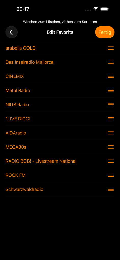 Companion for Bose SoundTouch - A screen in the Companion for Bose SoundTouch app showing a list of favorite radio stations with options to reorder or delete them