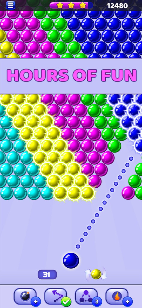 Bubble Shooter: Pop & Blast - Gameplay-Bildschirm von Bubble Shooter Pop and Blast mit bunten Blasen und einem Banner mit der Aufschrift 'Hours of Fun'.