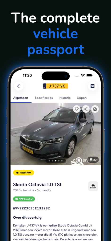 Mobiler App-Screenshot von Qenteken, der einen detaillierten Fahrzeugpass mit technischen Spezifikationen für ein Auto zeigt.