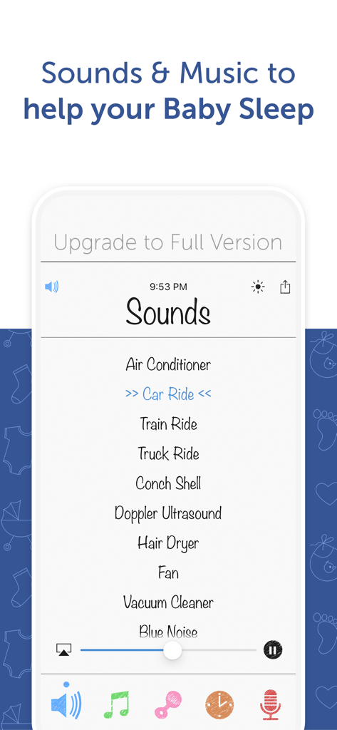 White Noise Baby Lite - Interface de l'application White Noise Baby Lite affichant une liste de sons de sommeil d'ambiance pour les nourrissons