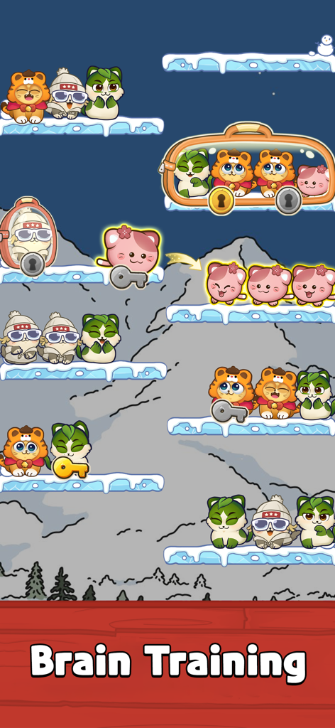 雪の崖の上に衣装を着たかわいい猫たちが登場する、脳トレパズルのゲームプレイ。