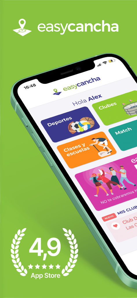 easycancha - Tela inicial do aplicativo móvel Easycancha mostrando opções de reserva de esportes e uma avaliação de 4,9 na App Store.