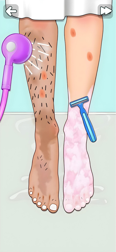 Satisjoy: Organize Tidy Puzzle - Una ilustración de dibujos animados que muestra un nivel de minijuego donde se lava una pierna con una alcachofa de ducha morada y la otra se afeita con una cuchilla azul.