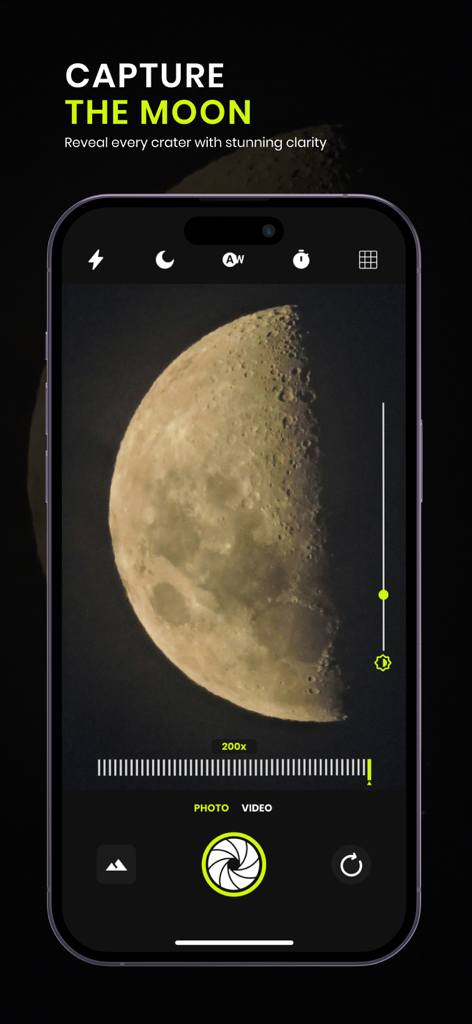 Smartphone screen showing the Pro Zoom 200x app interface capturing a detailed close-up of the moon