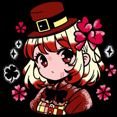 a manga-style girl with clovers around her, a little hat in her hair, like it's saint patrick's day
