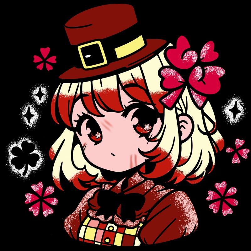 a manga-style girl with clovers around her, a little hat in her hair, like it's saint patrick's day