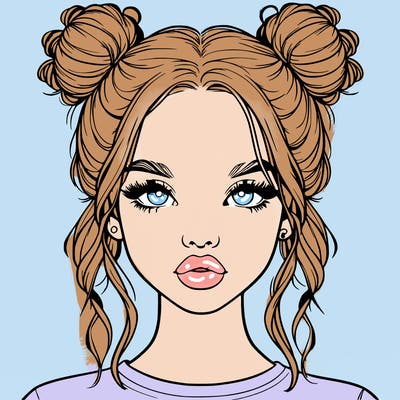 realistic girl with two buns in hair and lips