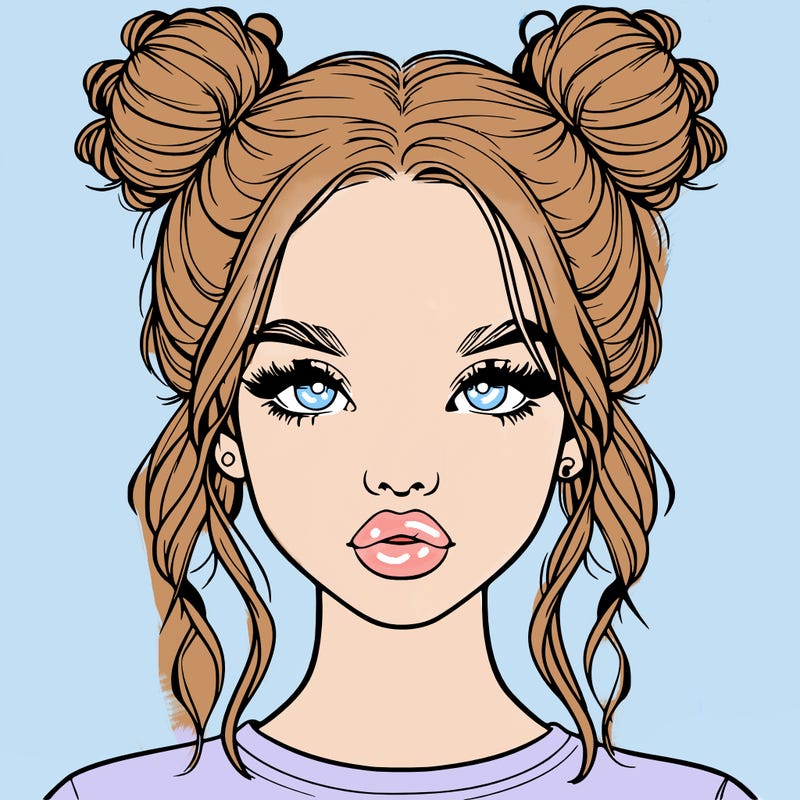 realistic girl with two buns in hair and lips
