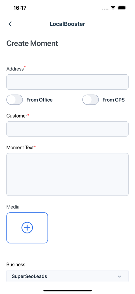 GeoBooster - Interface for creating a localized marketing post with address and customer details in the GeoBooster app.