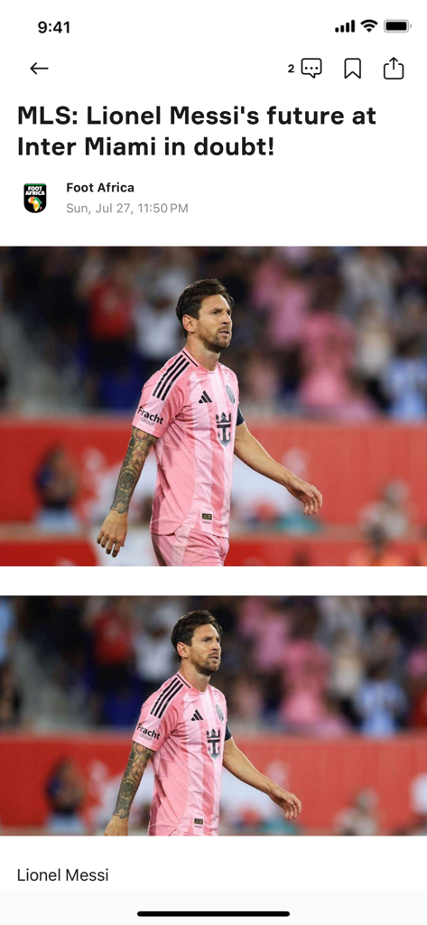 News article in the OneFootball app discussing Lionel Messi's future at Inter Miami.